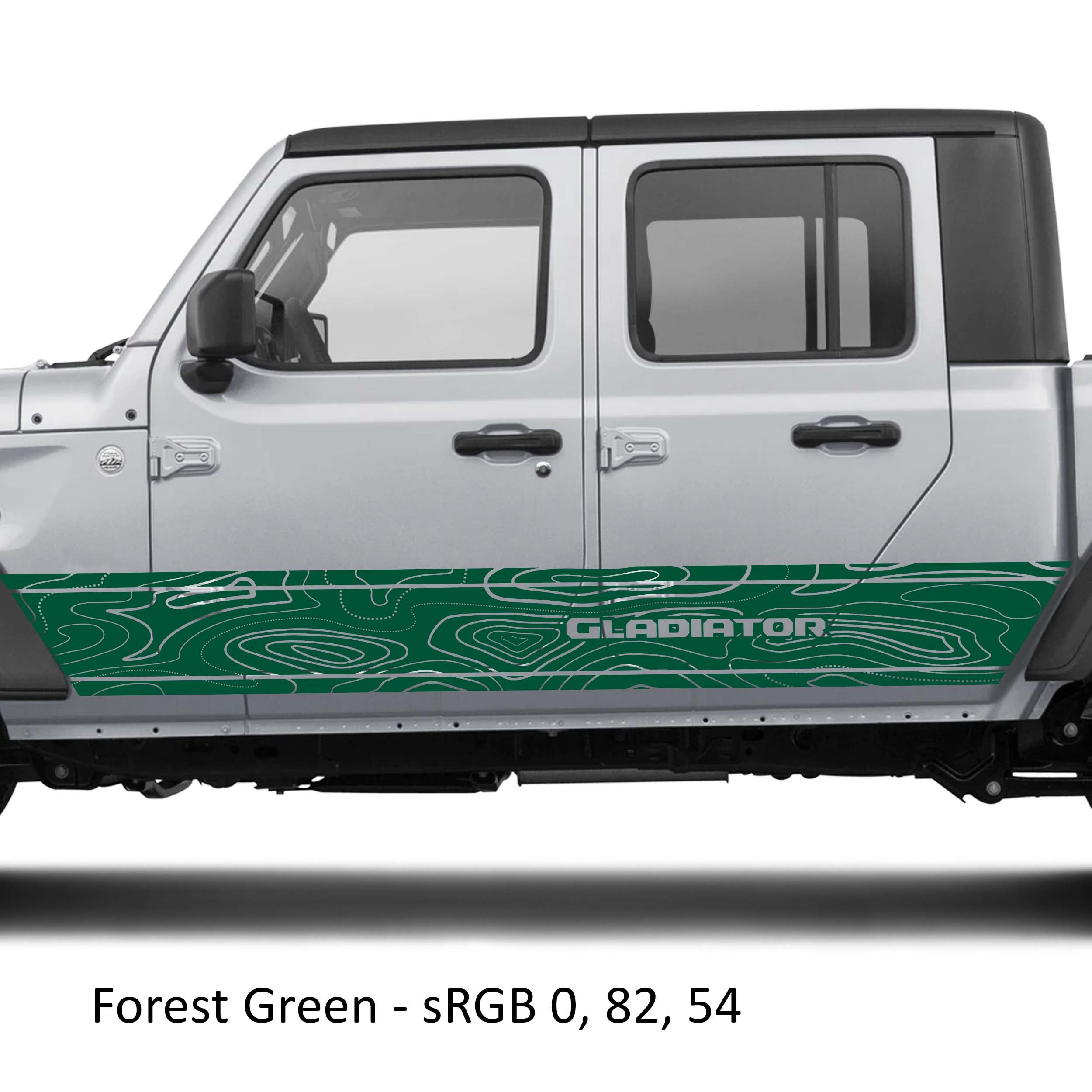 Forest green topographic contour map vinyl decal on silver Jeep Gladiator JT rocker panel mockup