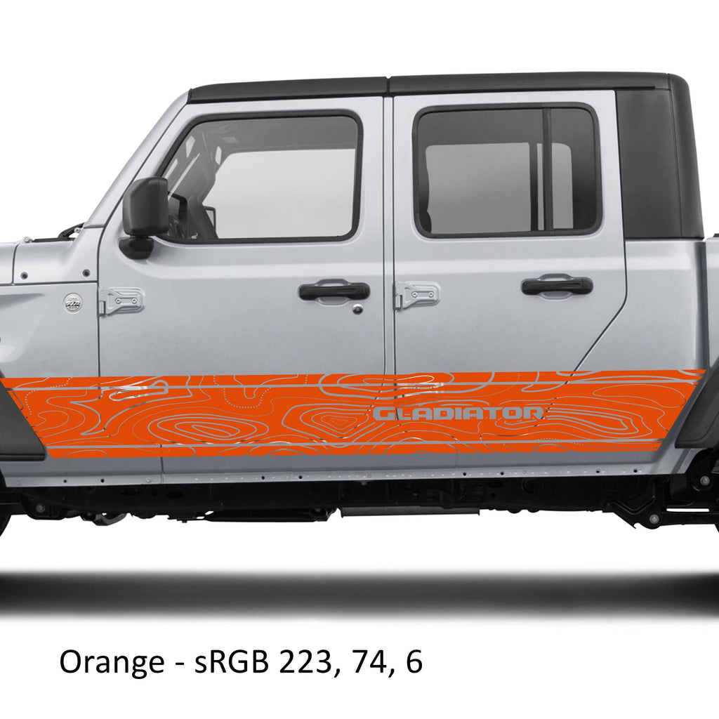 Orange topographic contour map vinyl decal applied to silver Jeep Gladiator JT rocker panel