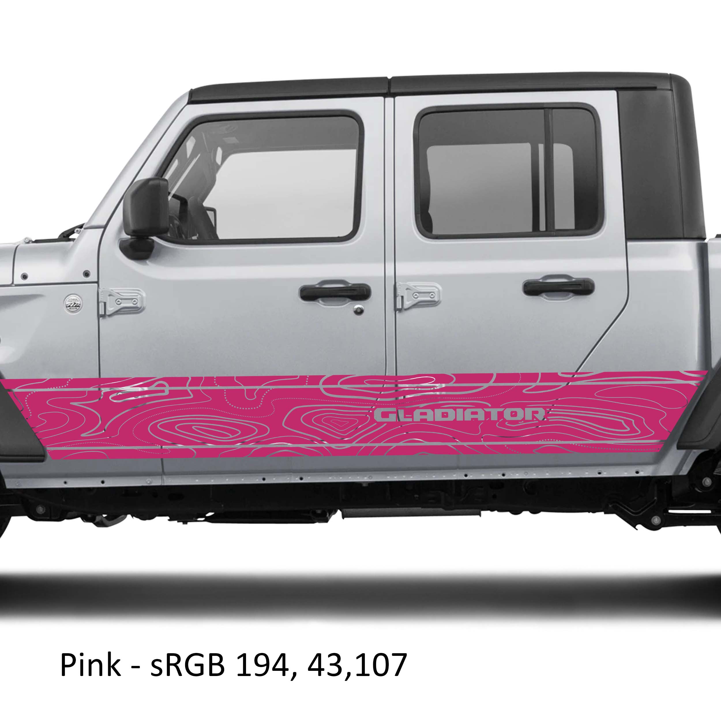 Pink topographic contour map vinyl decal applied to silver Jeep Gladiator JT rocker panel mockup