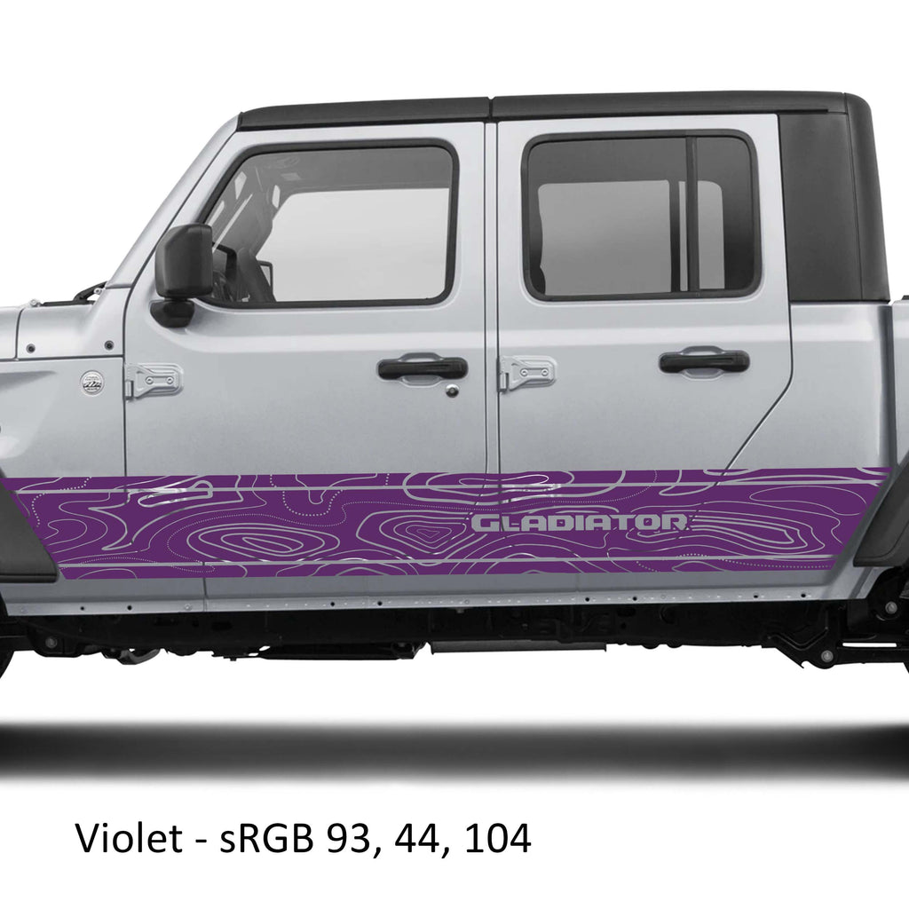 Violet topographic contour map vinyl decal on silver Jeep Gladiator JT rocker panel mockup