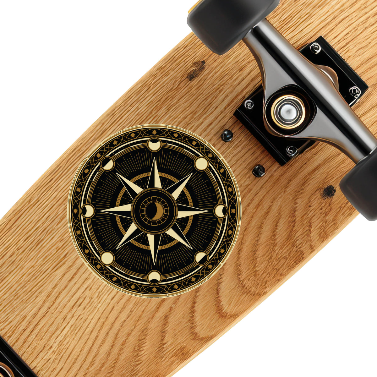 Traitors Round Table vinyl sticker on a wooden skateboard deck