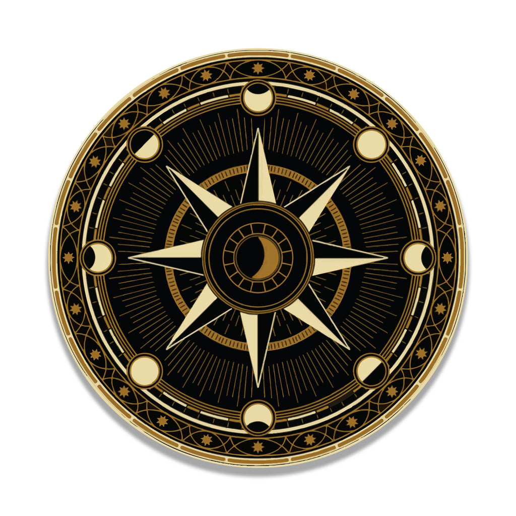 Traitors Round Table waterproof vinyl sticker, gold compass rose with moon phases on black