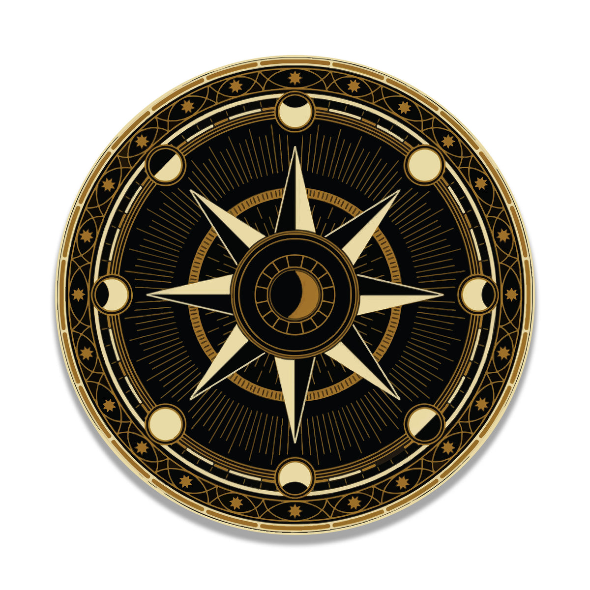 Traitors Round Table waterproof vinyl sticker, gold compass rose with moon phases on black
