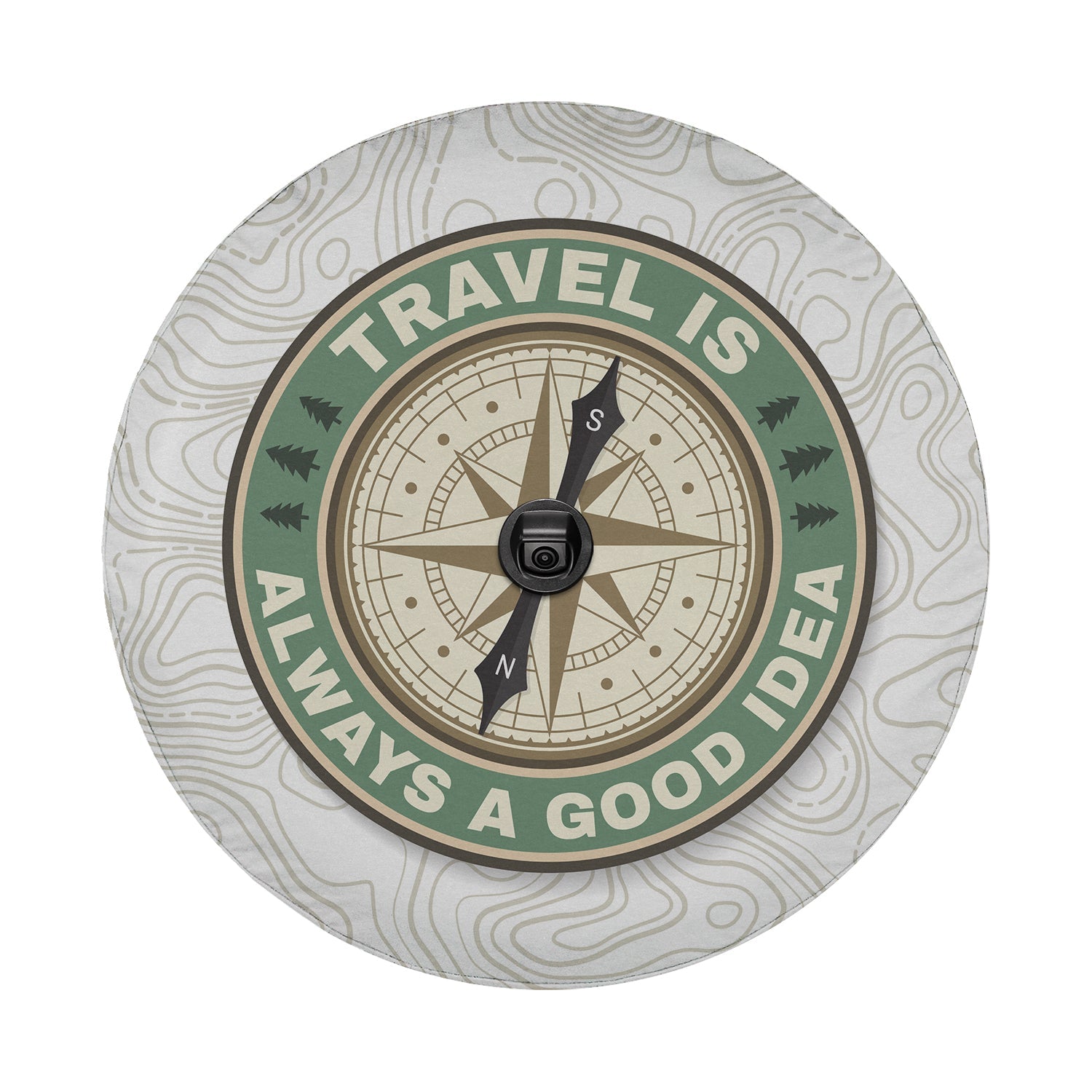 Travel Good Idea spare tire cover detail tan topo map background sage green compass badge artwork