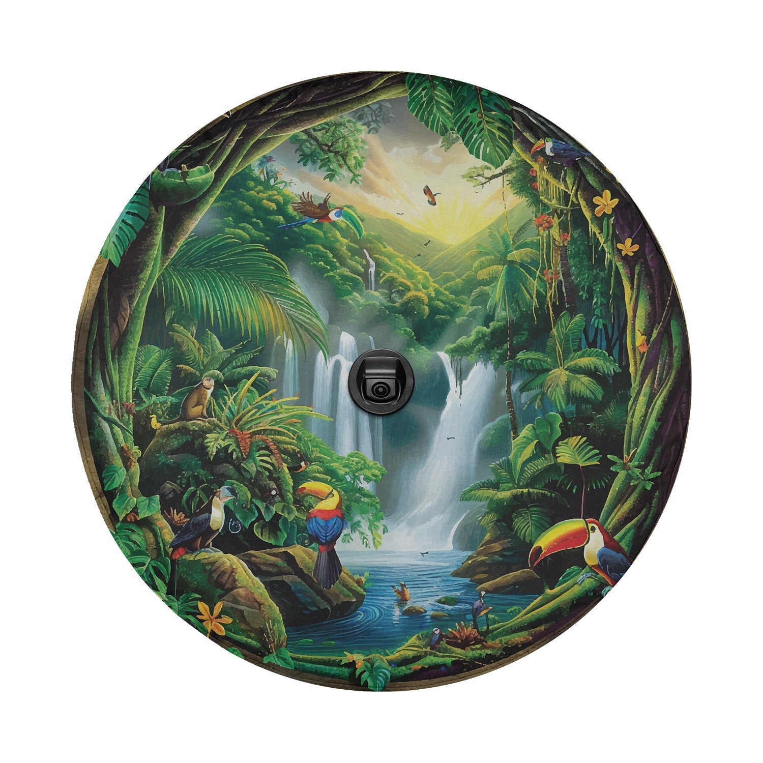 Flat round tropical paradise tire cover closeup with waterfalls toucans macaws and lush green jungle scene