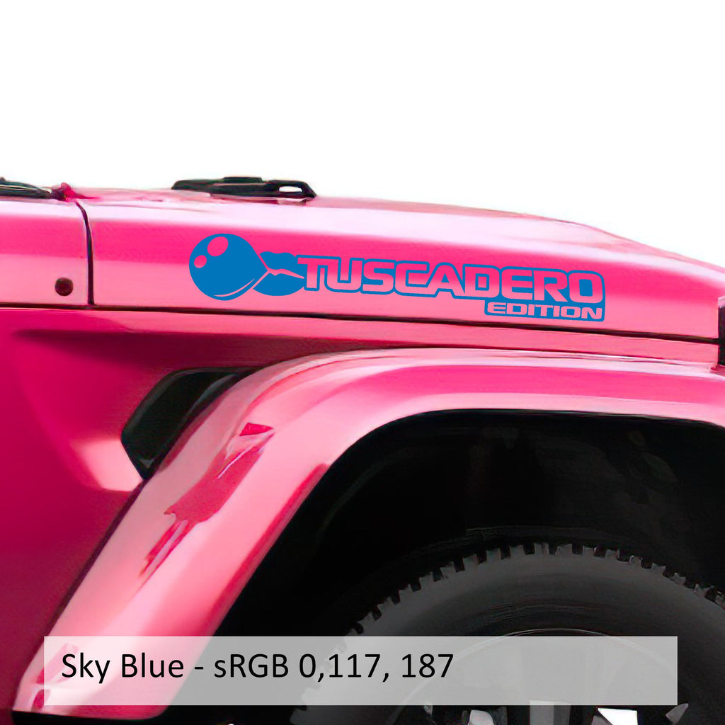 Sky blue Tuscadero Bubblegum Edition hood vinyl decal set pair with bubble gum graphic shown