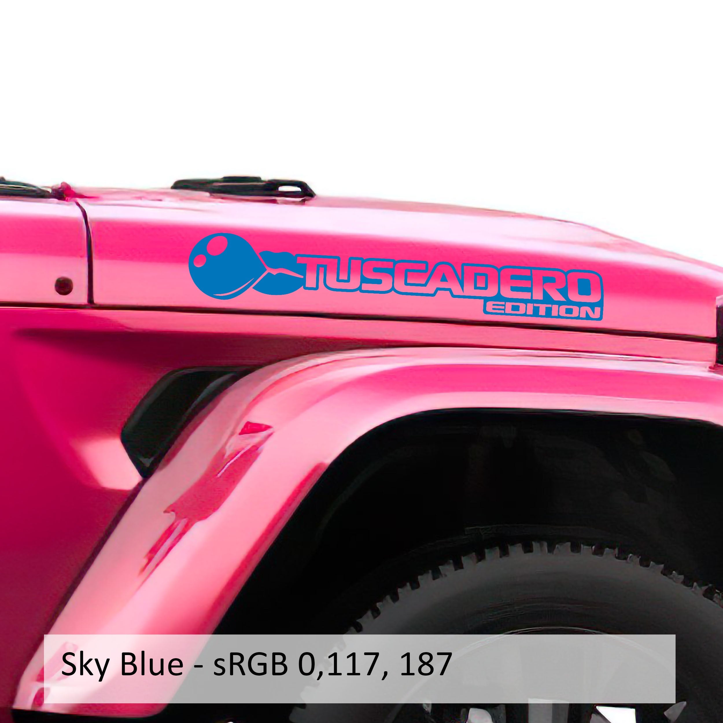Sky blue Tuscadero Bubblegum Edition hood vinyl decal set pair with bubble gum graphic shown
