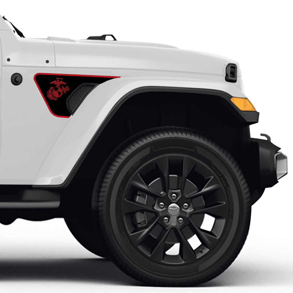 Black fender vent decal with a red border and red Eagle, Globe and Anchor emblem fitted to the front fender vent of a white Jeep Wrangler JL