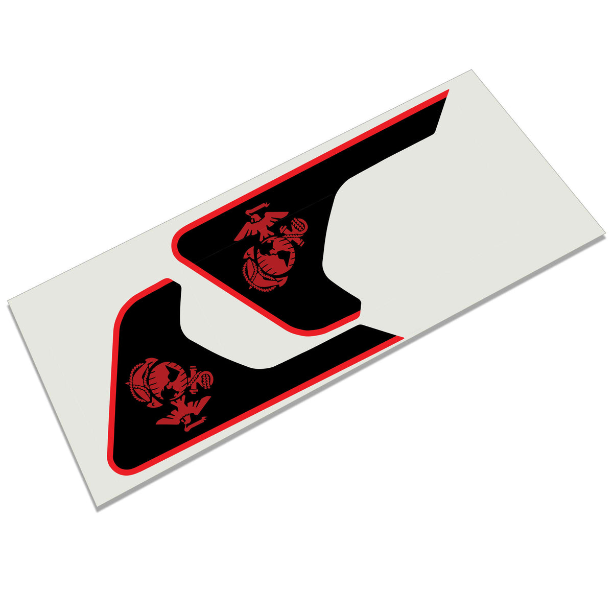 Two piece black fender vent decal set on its backing sheet, each piece outlined in red with a red Marine Corps Eagle, Globe and Anchor emblem