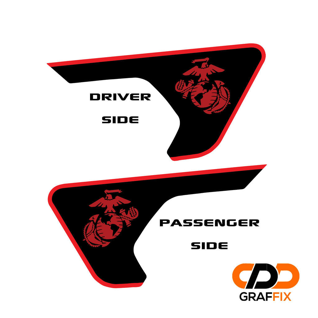Driver side and passenger side fender vent decals shown side by side, black panels outlined in red with a red Eagle, Globe and Anchor on each