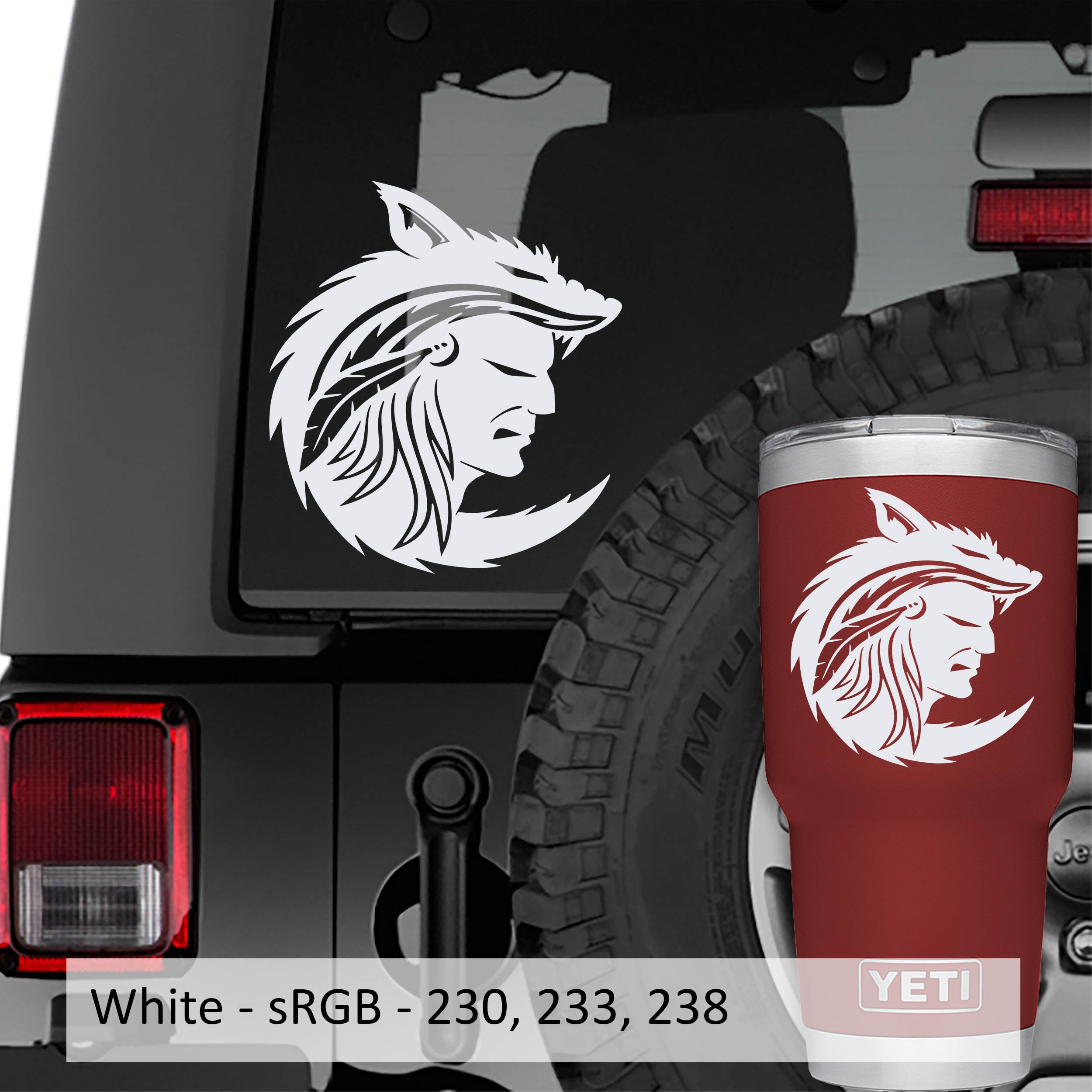 Native American Indian Warrior Wearing Wolf Head Dress Vinyl Decal