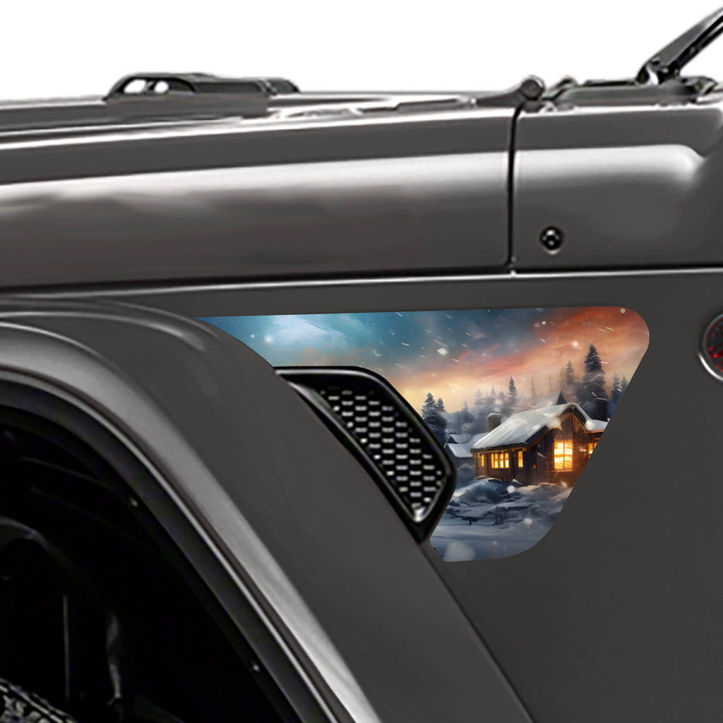 Christmas Winter Cabin Scene Fender Vent Decal - Fits Jeep Wrangler JL/Jeep Gladiator JT 2018 - 2023