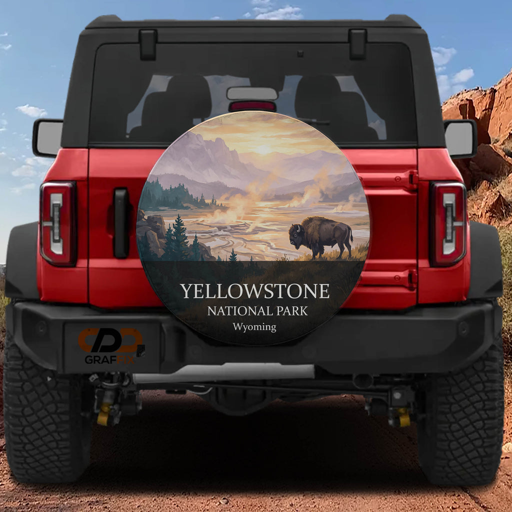 Yellowstone National Park spare tire cover mounted on a Ford Bronco tailgate