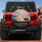 Yellowstone National Park spare tire cover mounted on a Ford Bronco tailgate