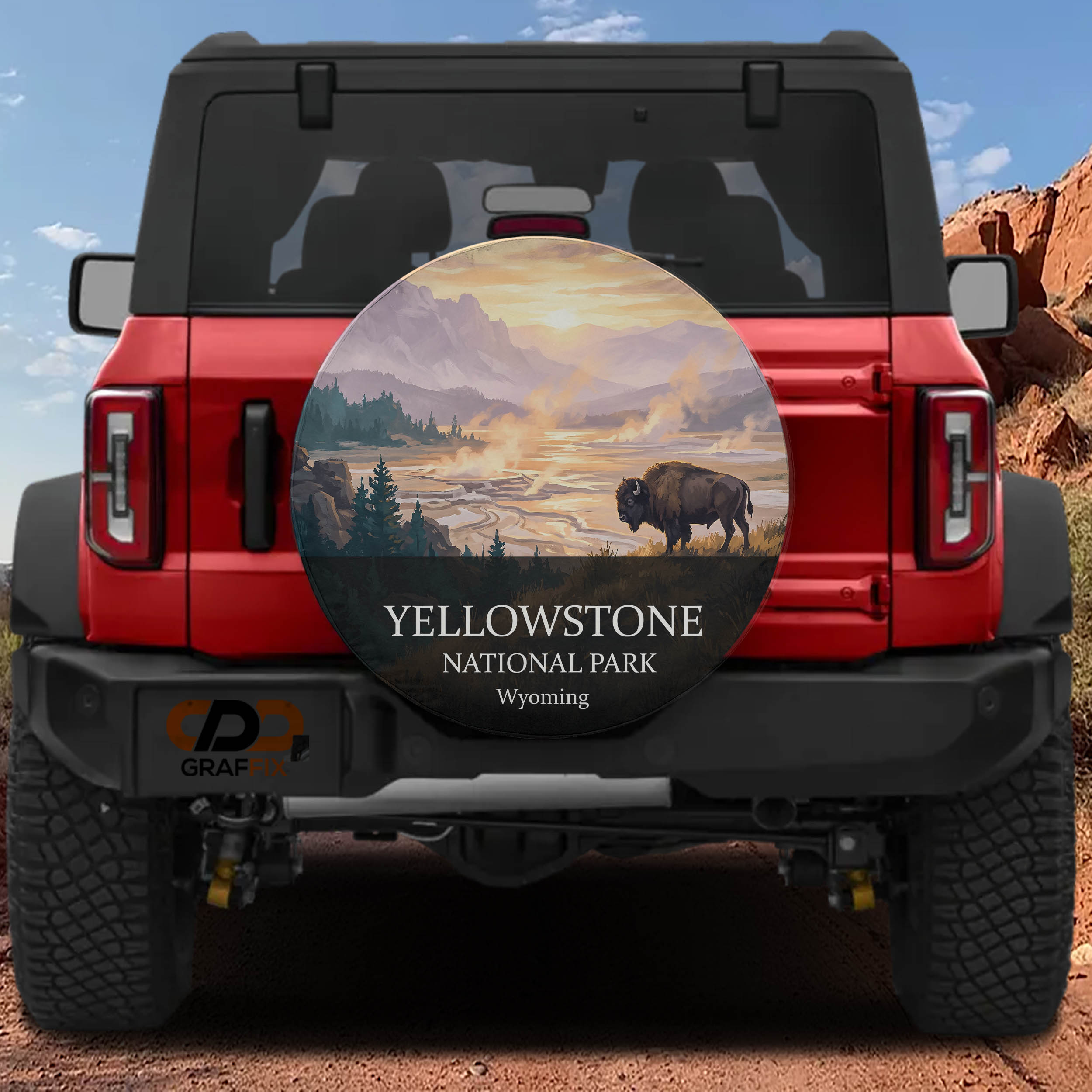 Yellowstone National Park spare tire cover mounted on a Ford Bronco tailgate