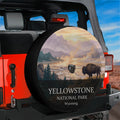 Yellowstone National Park spare tire cover mounted on a Jeep Wrangler tailgate