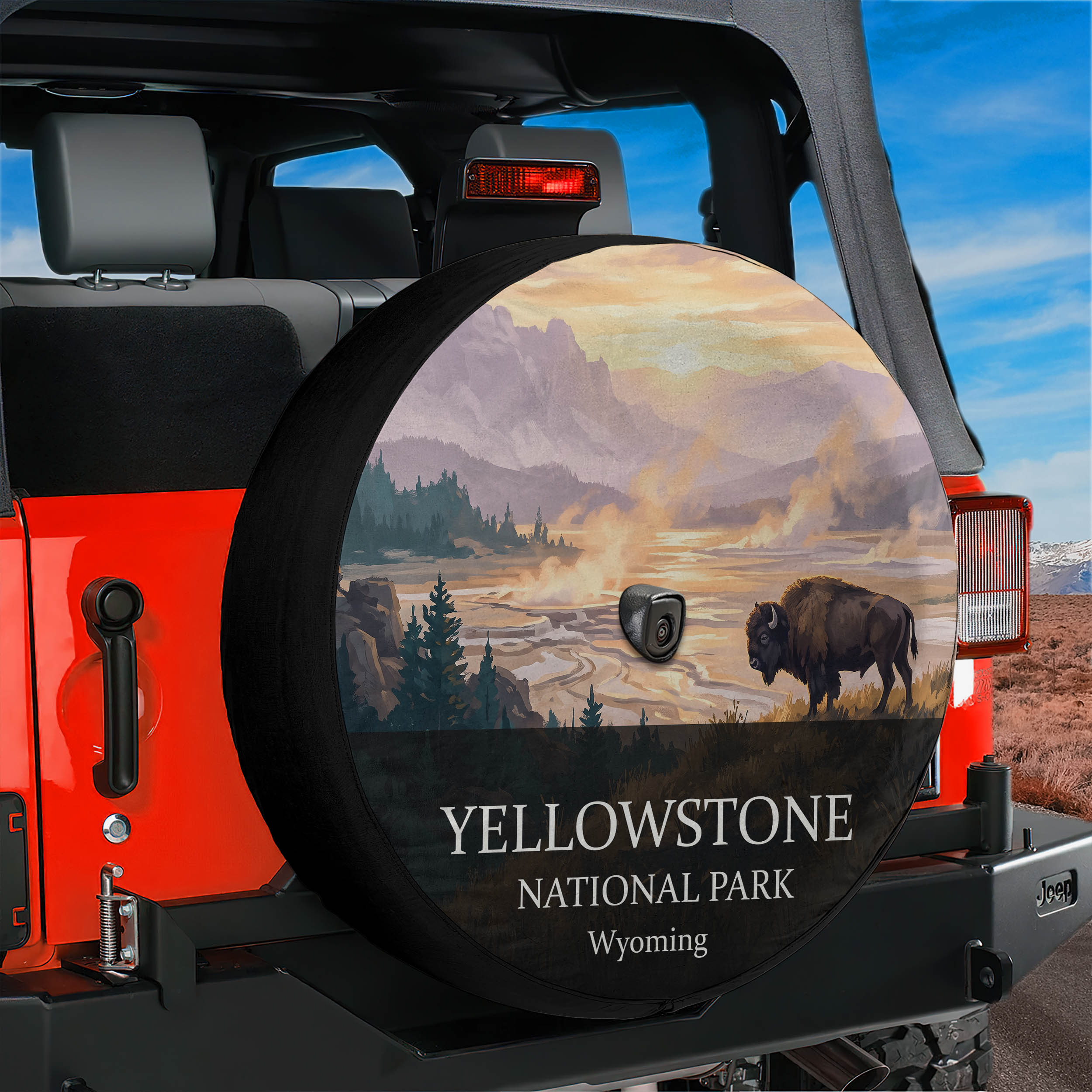 Yellowstone National Park spare tire cover mounted on a Jeep Wrangler tailgate
