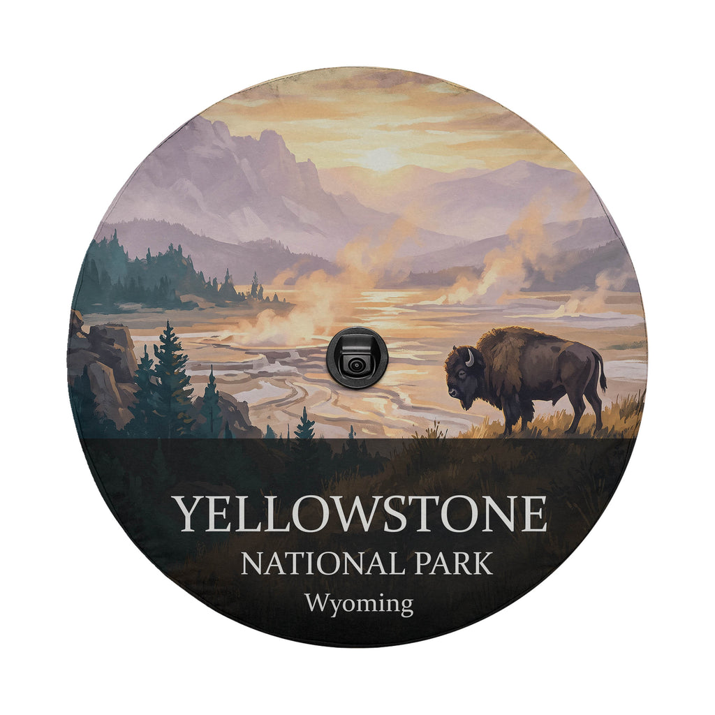 Yellowstone National Park spare tire cover with a backup camera hole, showing a bison beside a steaming geyser basin