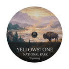 Yellowstone National Park spare tire cover with a backup camera hole, showing a bison beside a steaming geyser basin