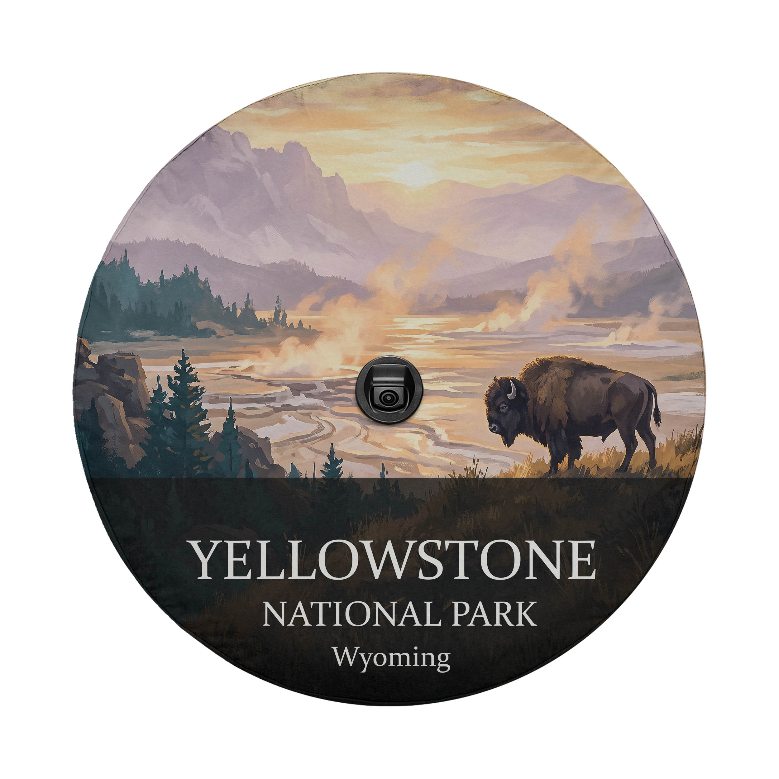 Yellowstone National Park spare tire cover with a backup camera hole, showing a bison beside a steaming geyser basin