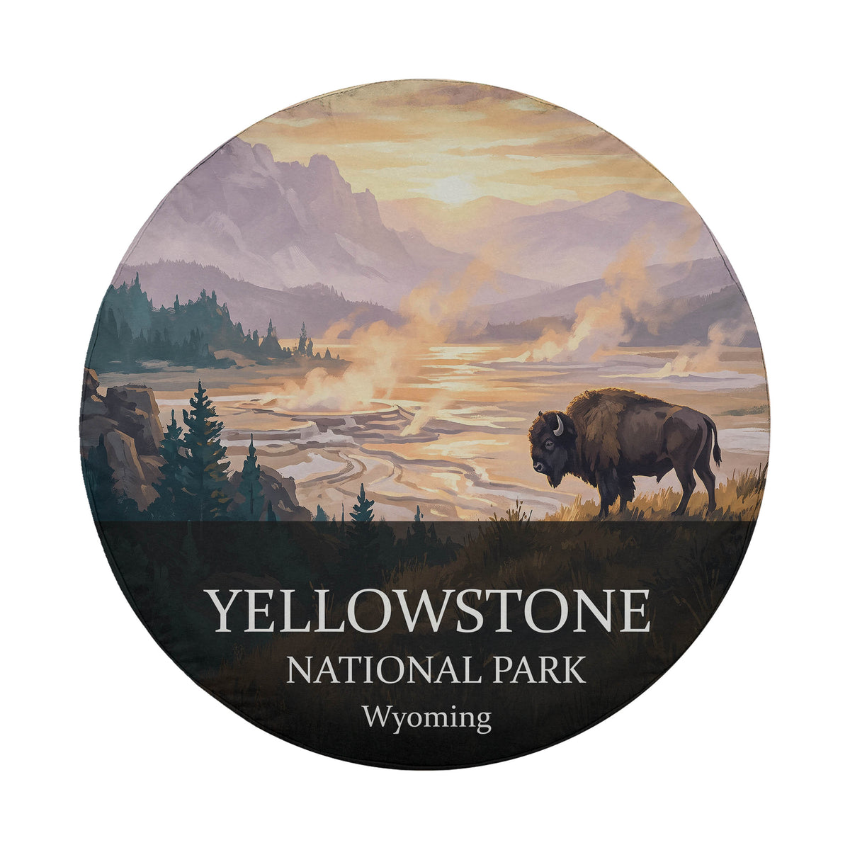 Yellowstone National Park spare tire cover without a camera hole, showing a bison beside a steaming geyser basin