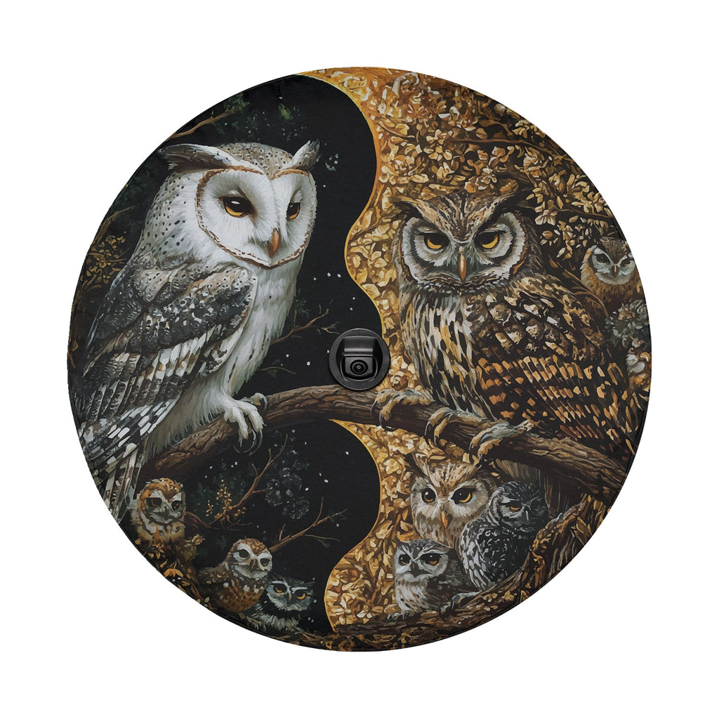 Yin-Yang Owls spare tire cover laid flat for fitment showing the symmetrical owl artwork across the durable canvas