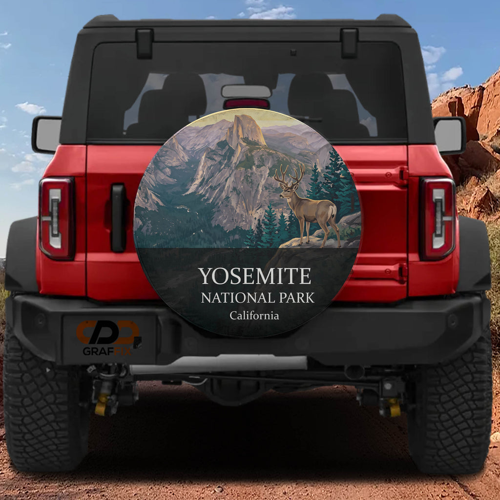 Yosemite National Park spare tire cover mounted on a Ford Bronco tailgate