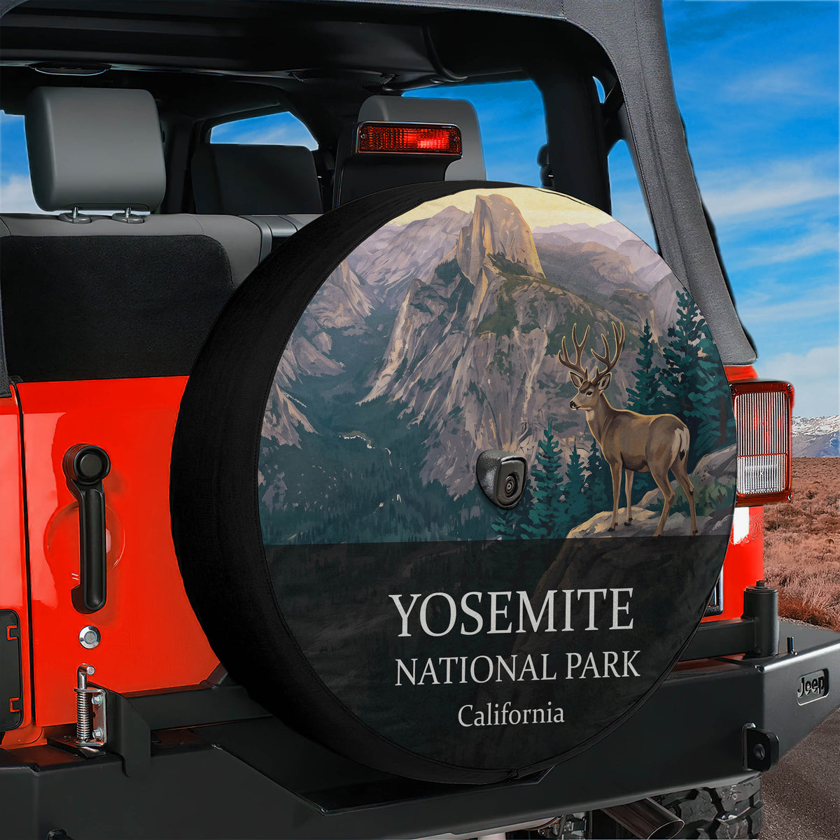 Yosemite National Park spare tire cover mounted on a Jeep Wrangler tailgate