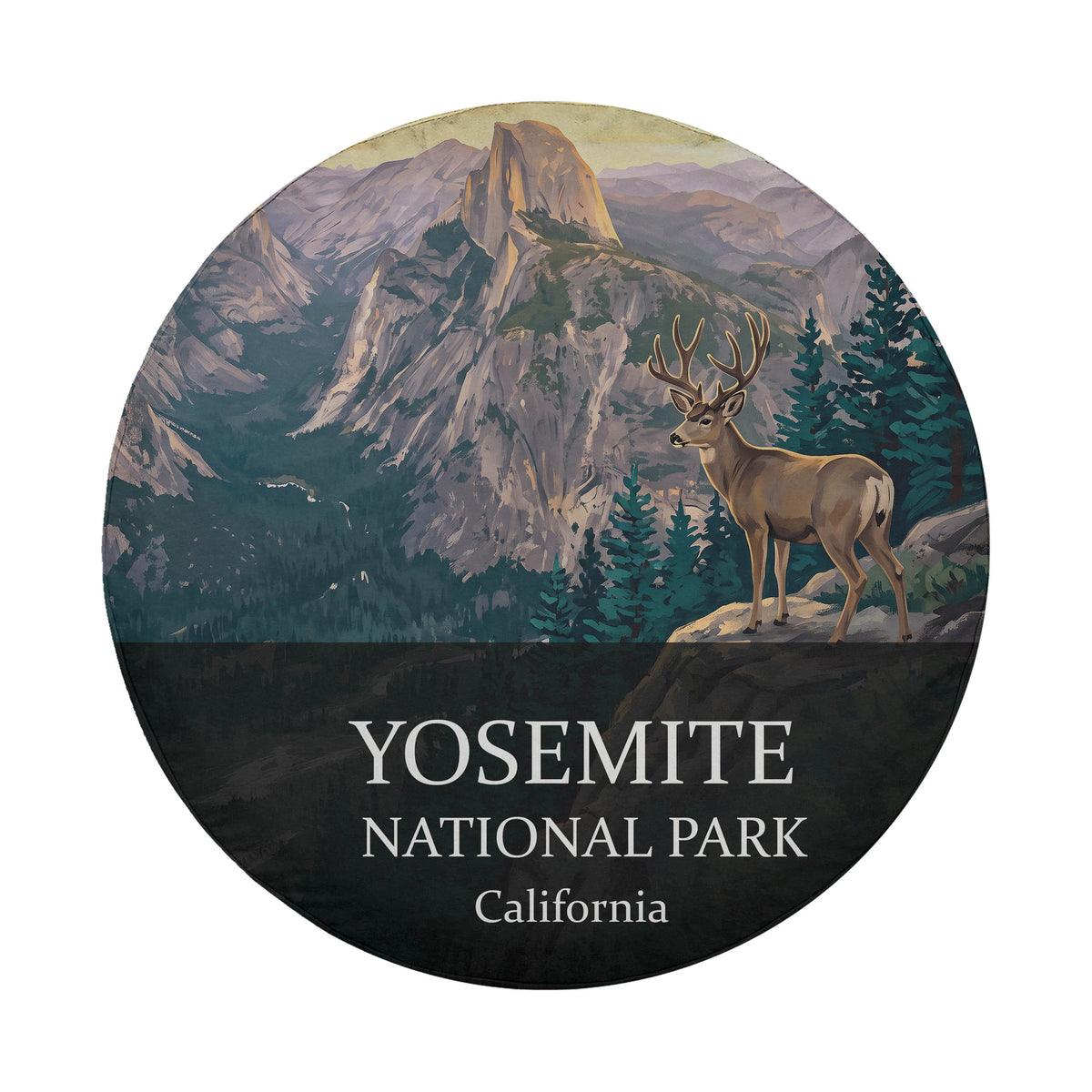 Yosemite National Park spare tire cover without a camera hole, showing a mule deer on an outcrop below Half Dome