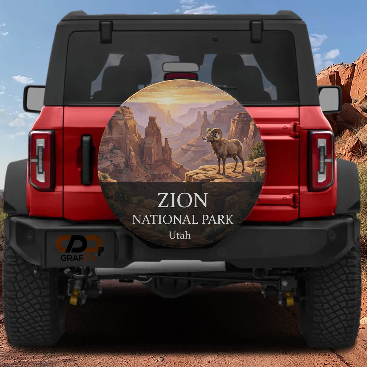Zion National Park spare tire cover mounted on a Ford Bronco tailgate