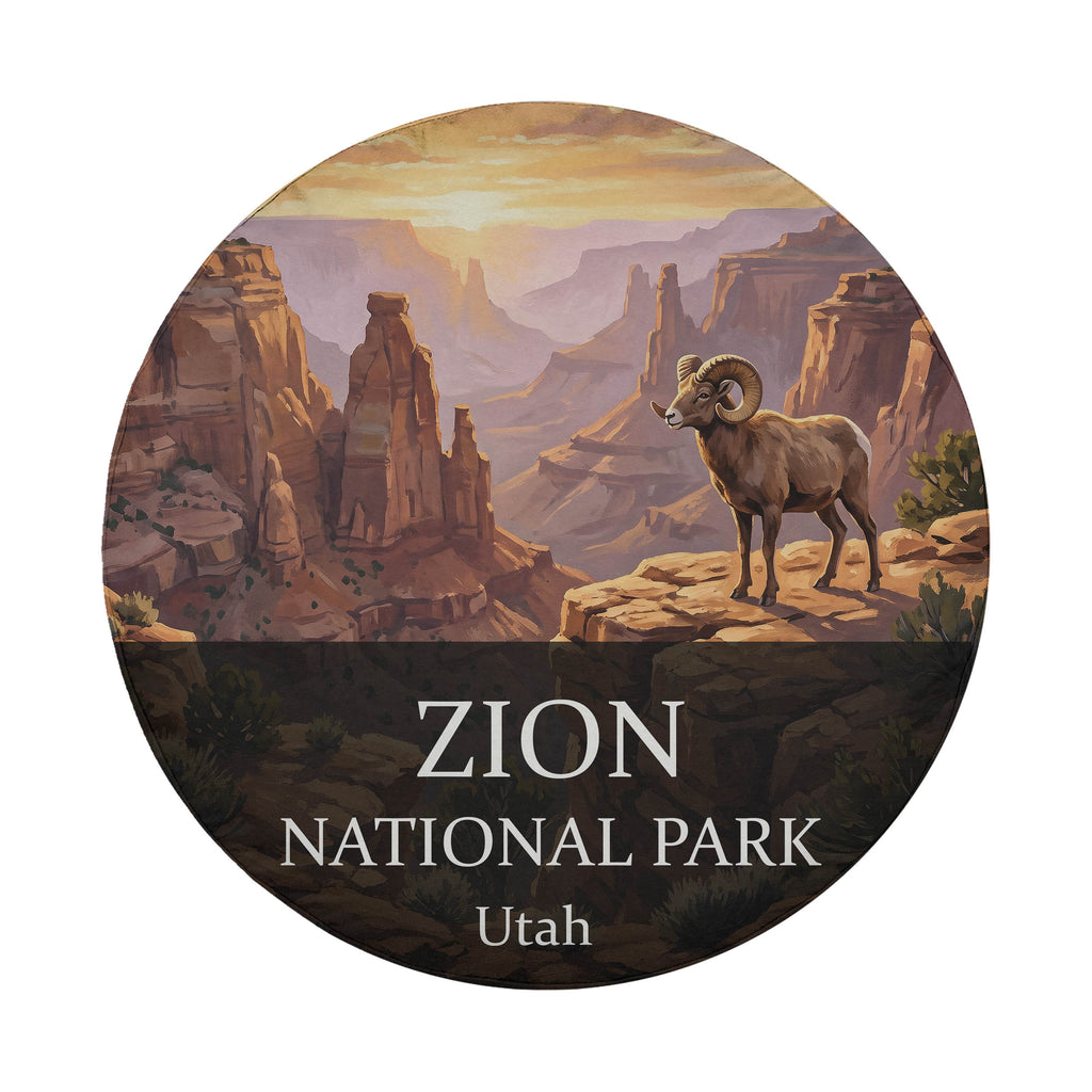 Zion National Park spare tire cover without a camera hole, showing a desert bighorn on a ledge above red sandstone canyon walls
