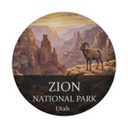 Zion National Park spare tire cover without a camera hole, showing a desert bighorn on a ledge above red sandstone canyon walls