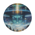 Round Alien Enlightenment spare tire cover showing blue cosmic face with floating diamonds over temple skyline