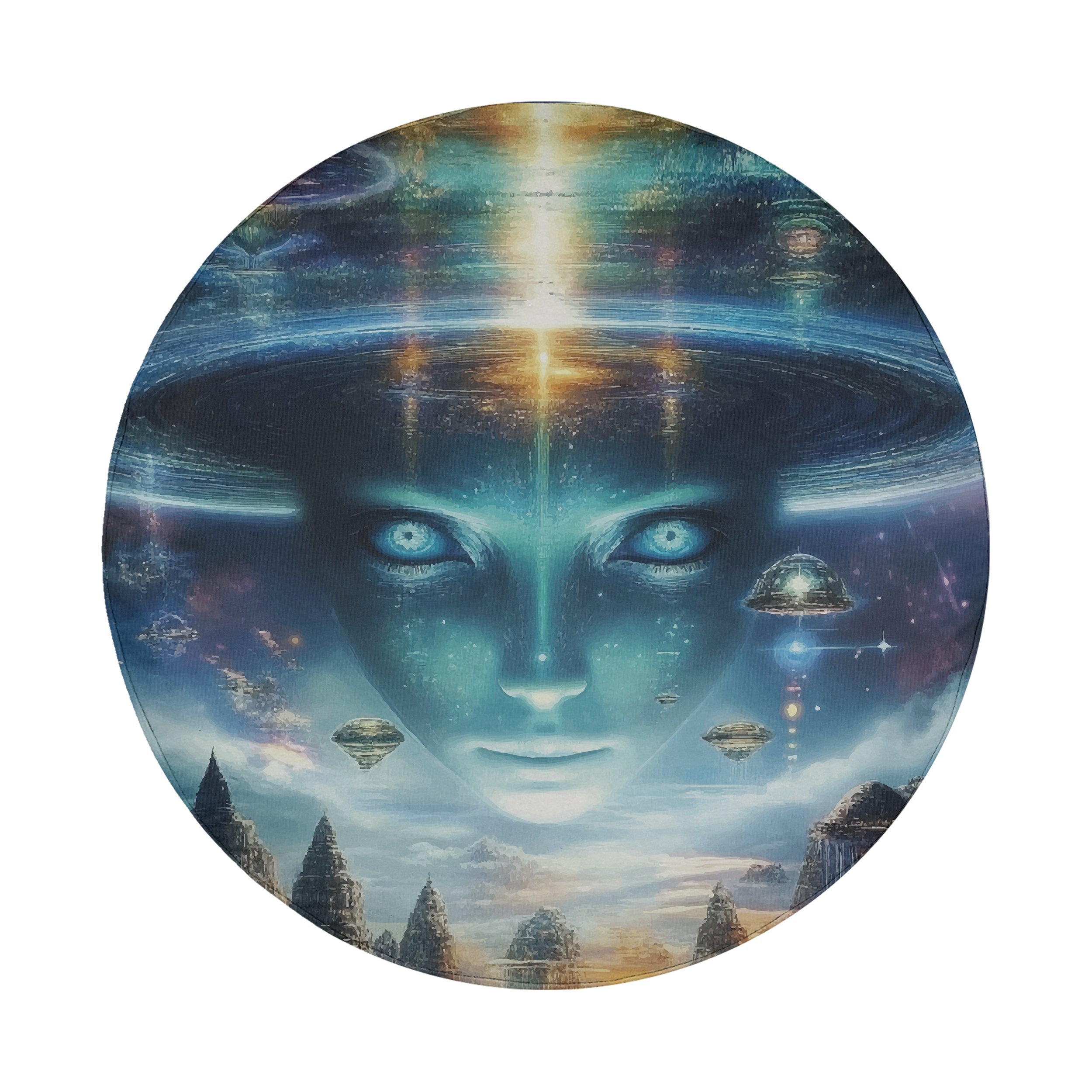 Round Alien Enlightenment spare tire cover showing blue cosmic face with floating diamonds over temple skyline