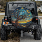 Abstract Sunset Skyline spare tire cover flat product shot featuring colorful sunset gradient and city skyline
