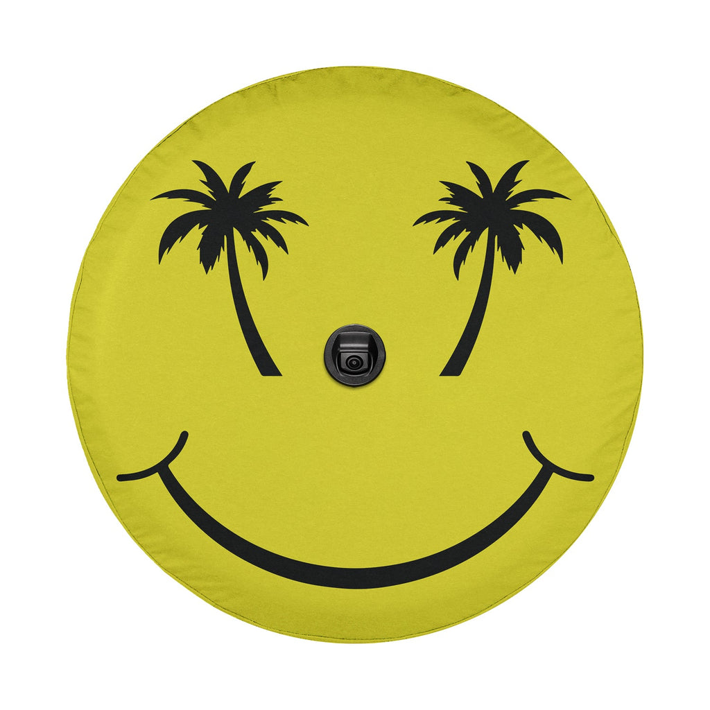 Palm Smiles tire cover product shot of vivid yellow circle smile with twin palm tree silhouette eyes