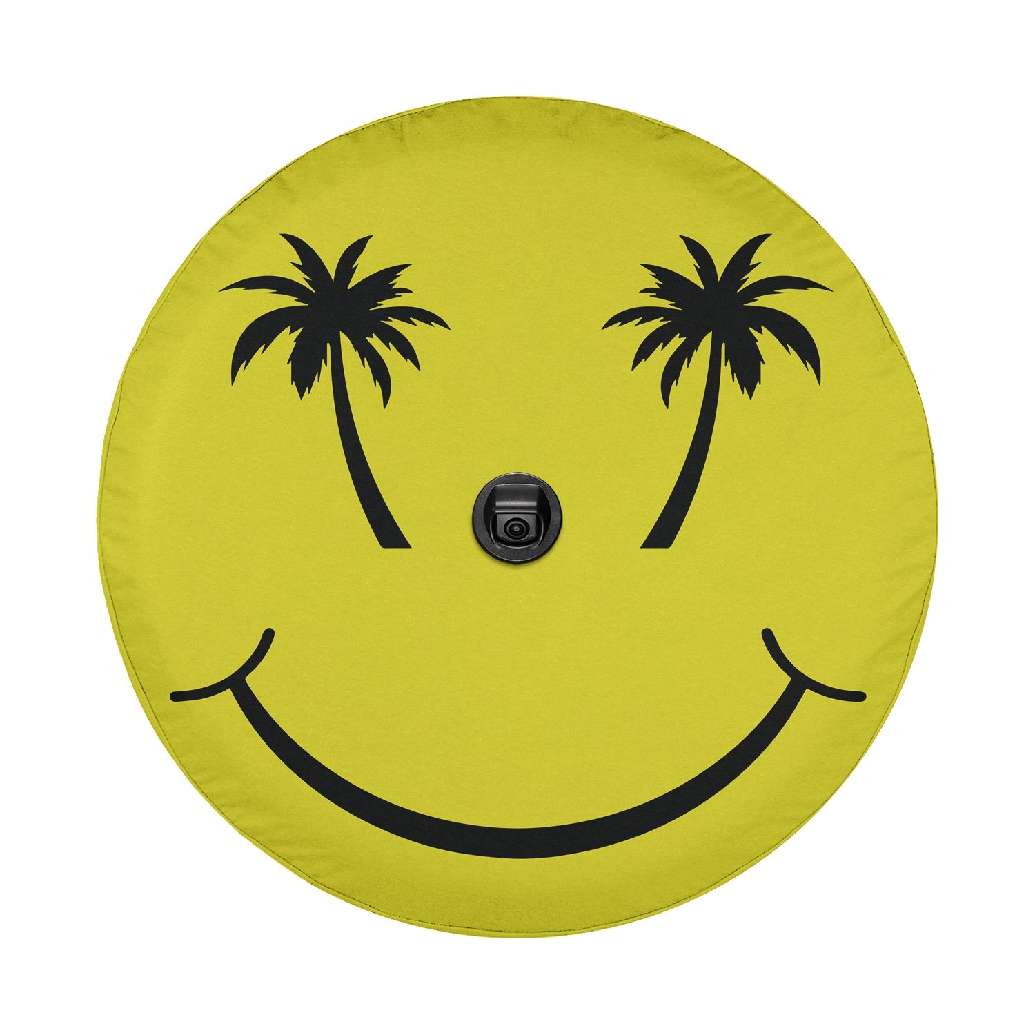 A yellow circle with a black smiley face design on it.