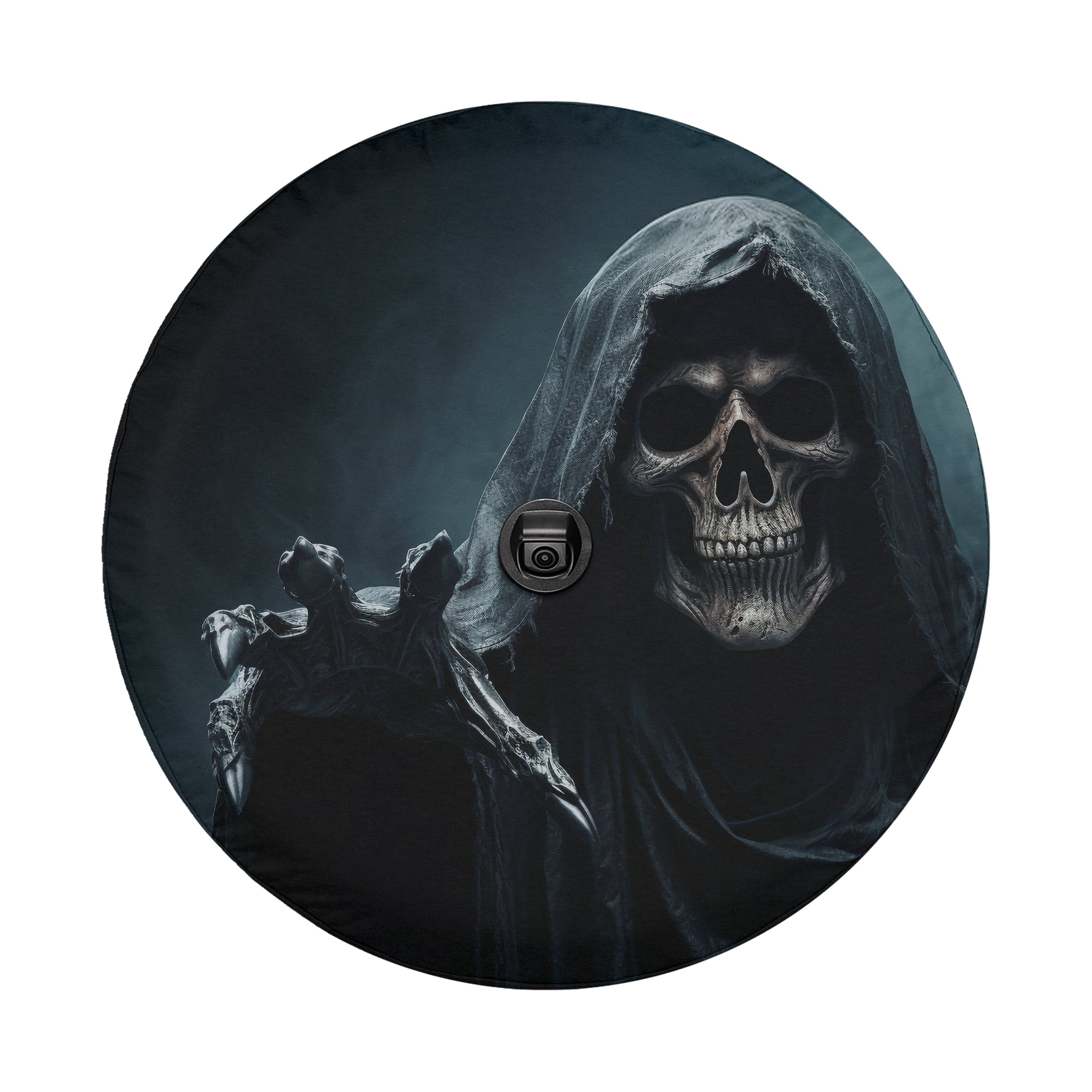 A skull with a hooded cloak is depicted in the image.