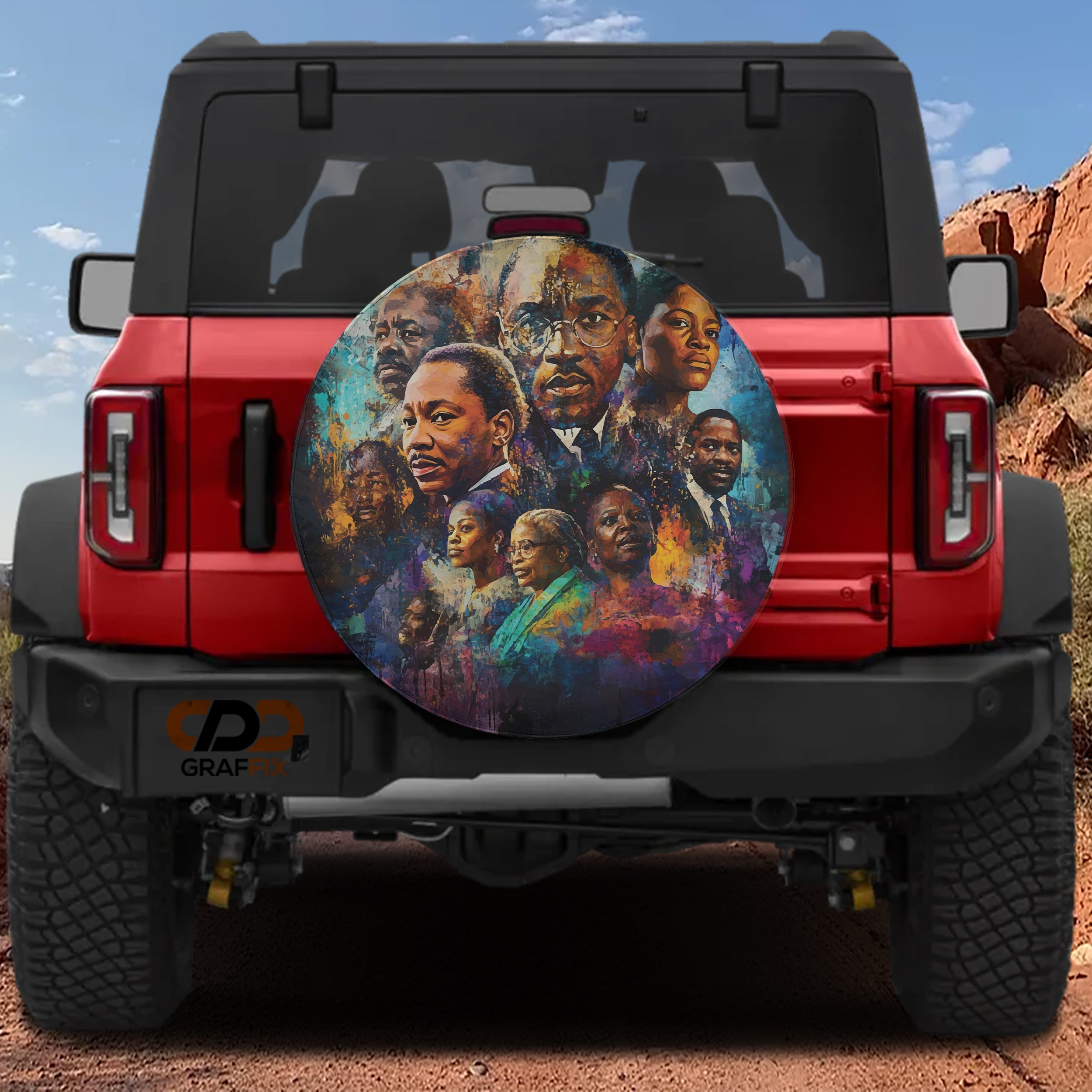 Black History leaders tribute spare tire cover featuring civil rights icons and portraits