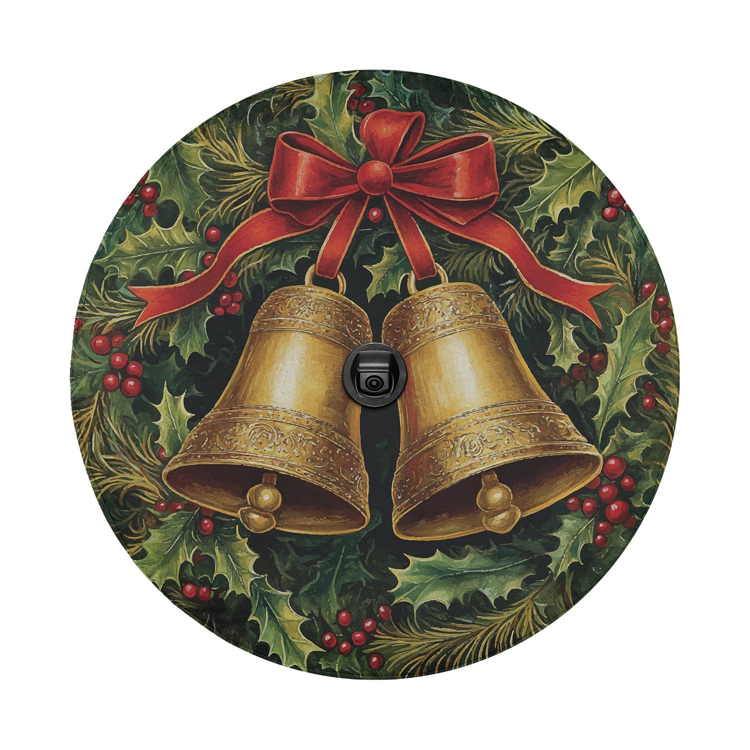 Flat round art of a green wreath holding two golden jingle bells with red ribbon for tire cover