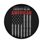 I Identify As American spare tire cover rear angle featuring grunge USA flag statement print