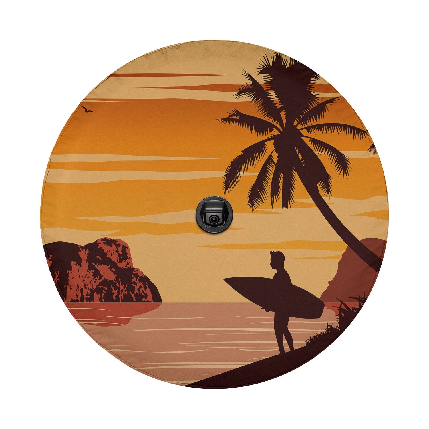 Sunset surfer tire cover flat round view with palm tree, beach rocks, and surfer holding board at sunset