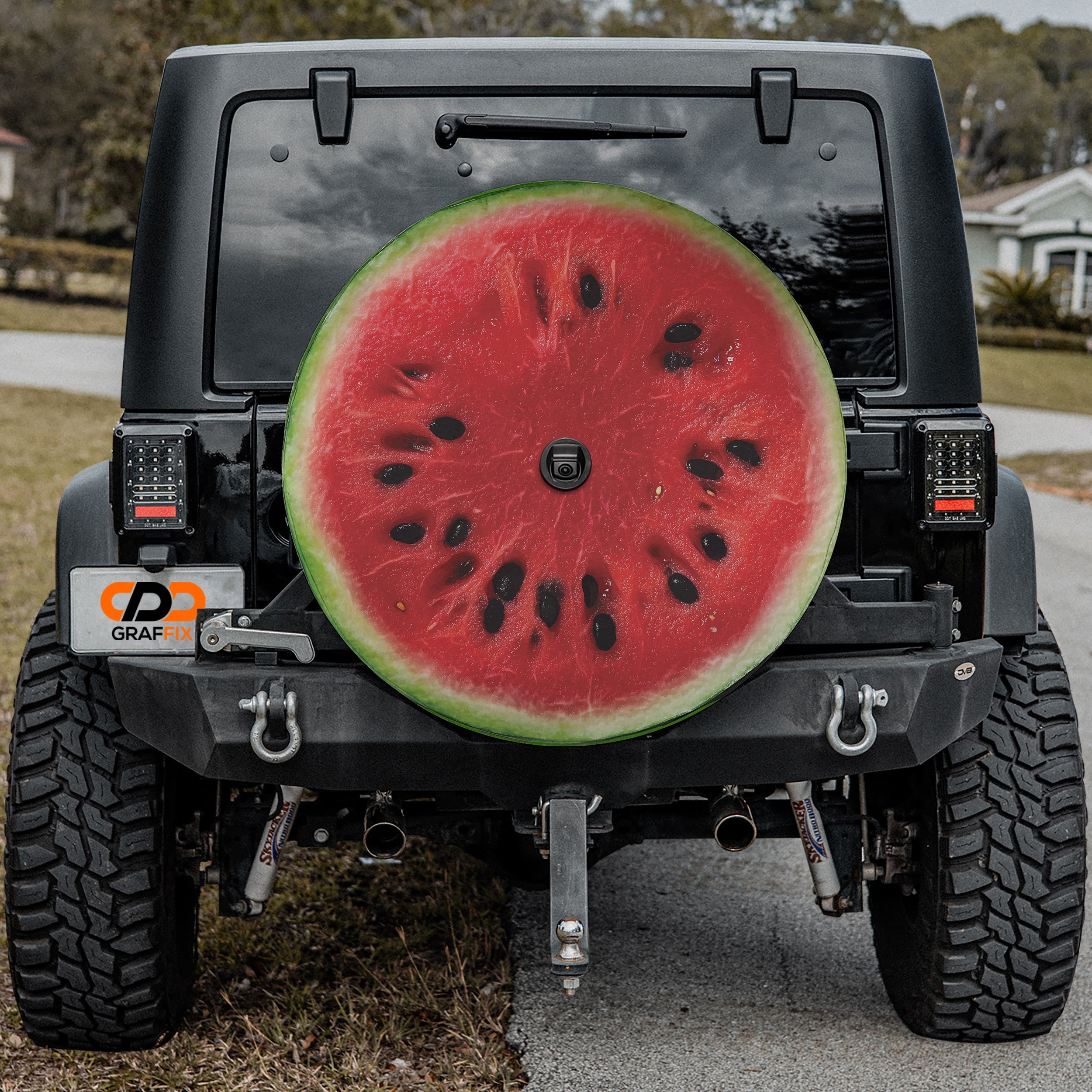Watermelon half spare tire cover with juicy pink fruit slice and green rind summer design