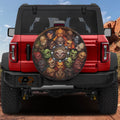 Monster Slayers Gathering tire cover on a red Ford Bronco with a circle of fantasy monster portraits
