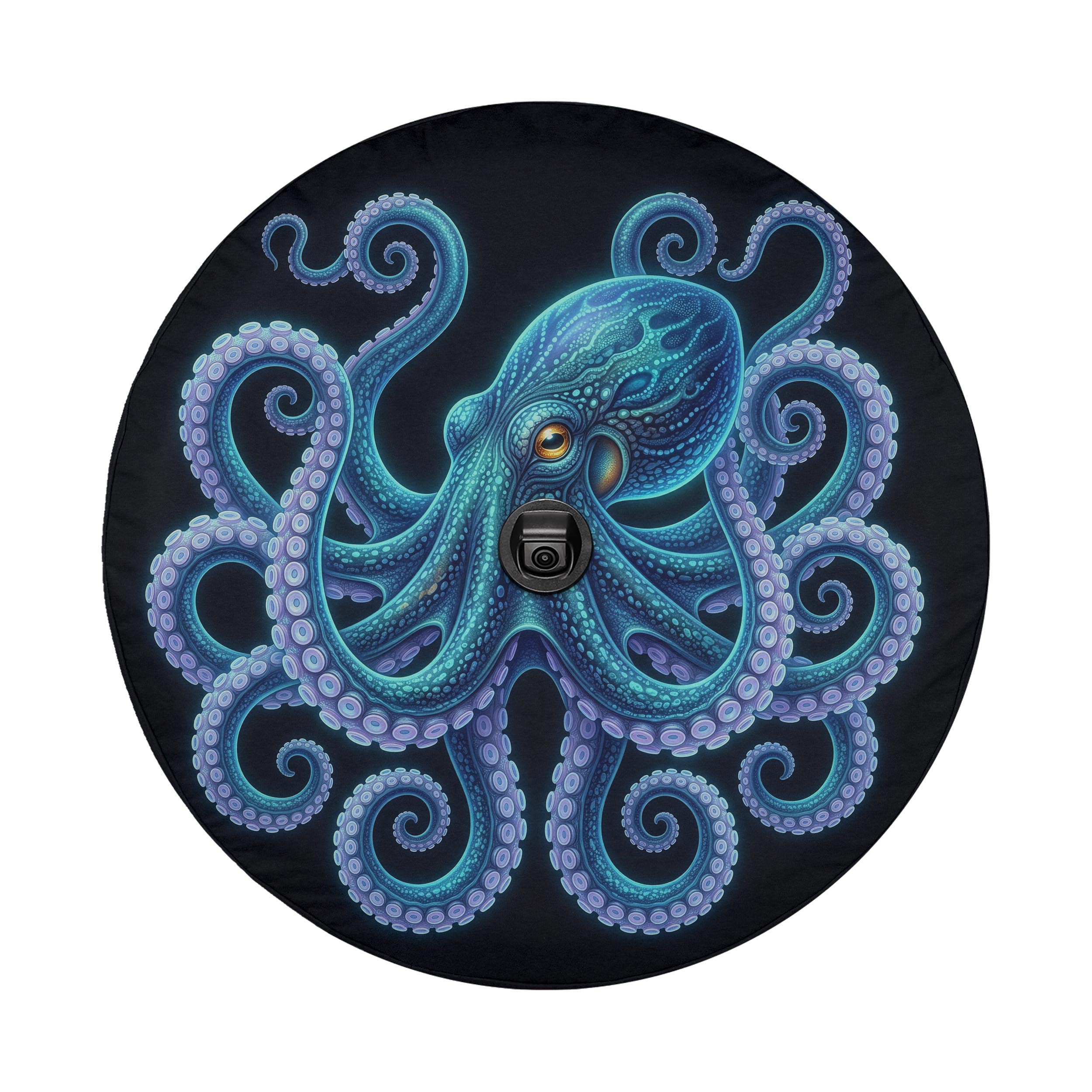 A large, colorful octopus with its tentacles spread out against a dark background.