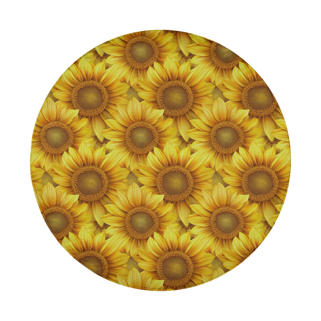 Sunflower tire cover flat round product view with bright yellow petals and rich golden brown sunflower centers