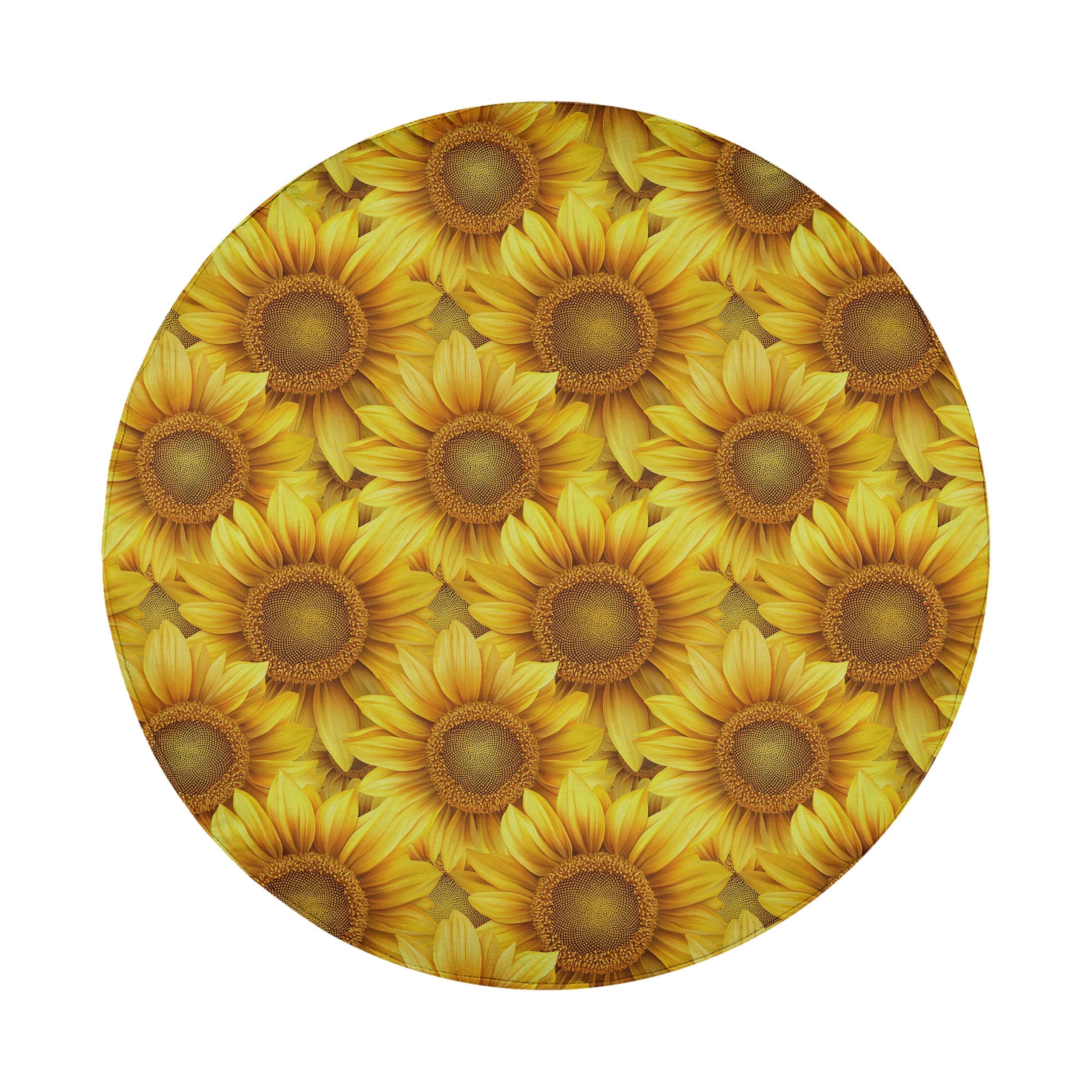 Sunflower tire cover flat round product view with bright yellow petals and rich golden brown sunflower centers