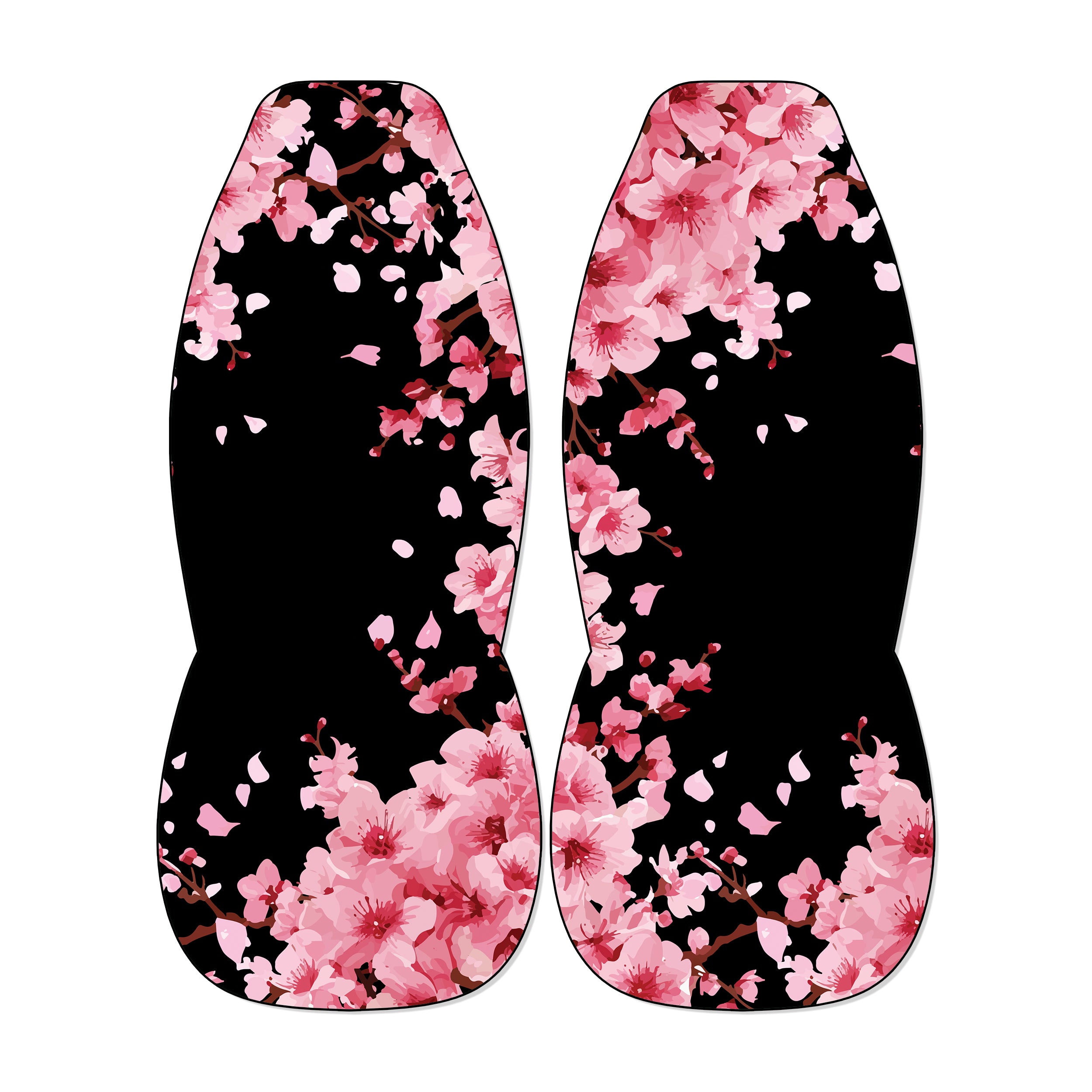 two identical flower-patterned objects, one on each side, with pink flowers and petals against a black background.