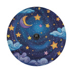 Starry night sky tire cover closeup with backup camera hole centered among twinkling stars and night clouds