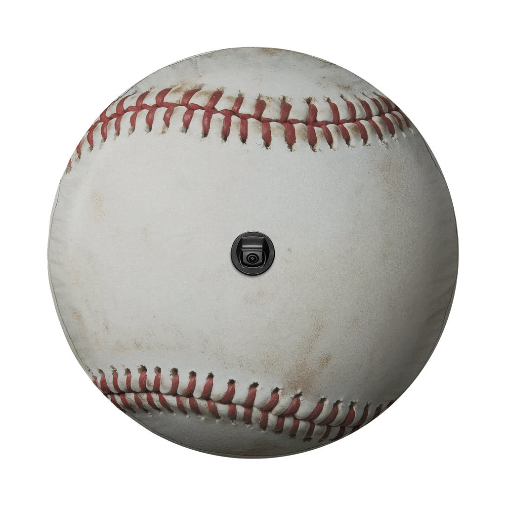 Baseball spare tire cover closeup detail of white leather and red stitching artwork